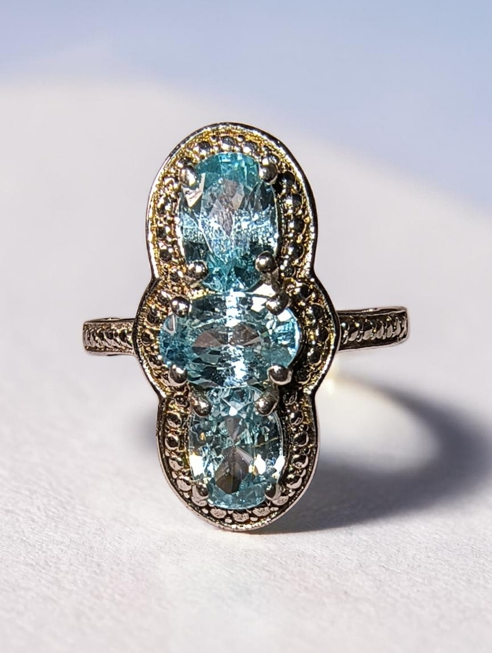 Chuck Clemency Blue Topaz Elongated 3-Stone Ring
